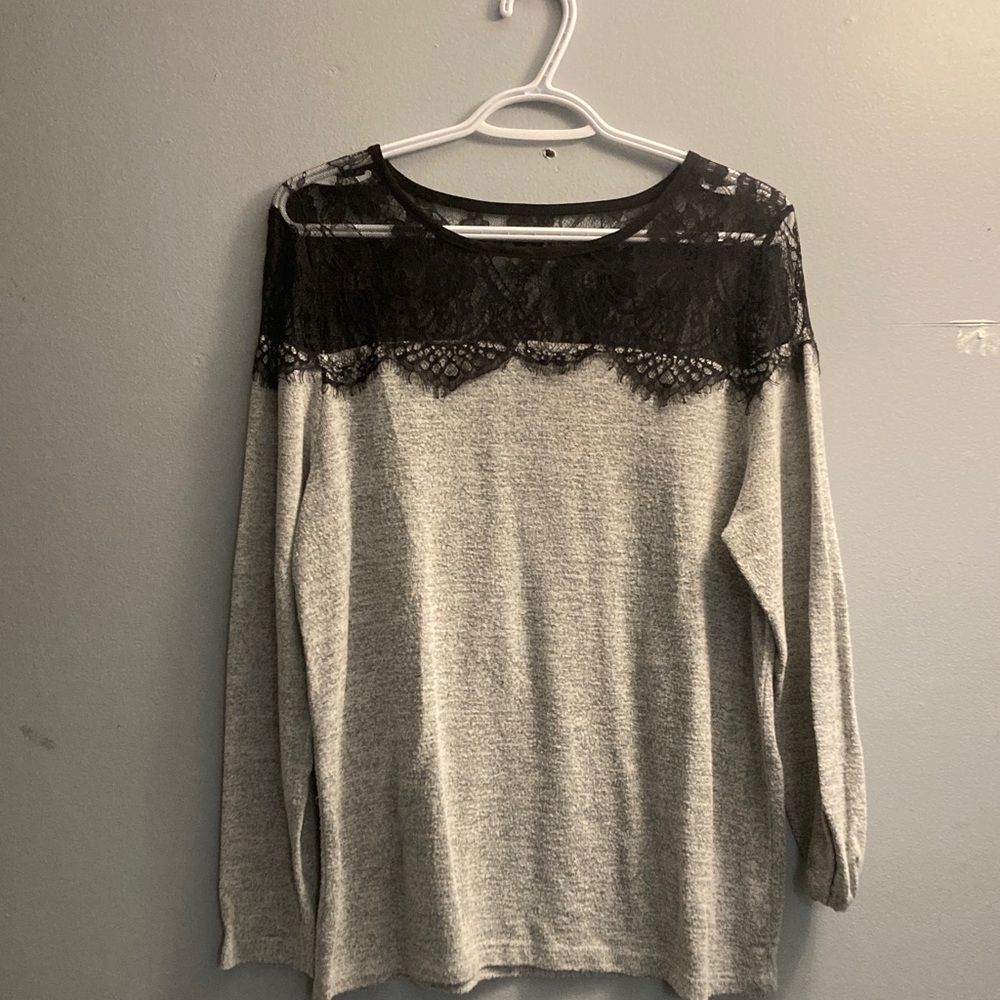 SHEIN Gray Sweater with Black Lace Detail